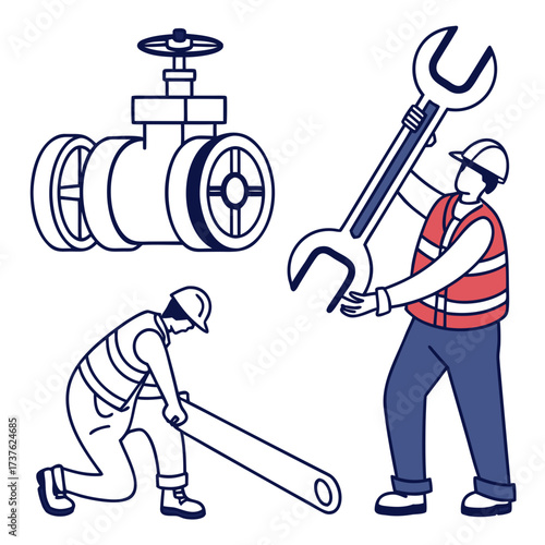 Illustrations of construction workers in hard hats and safety vests using large tools and working on pipes and valves