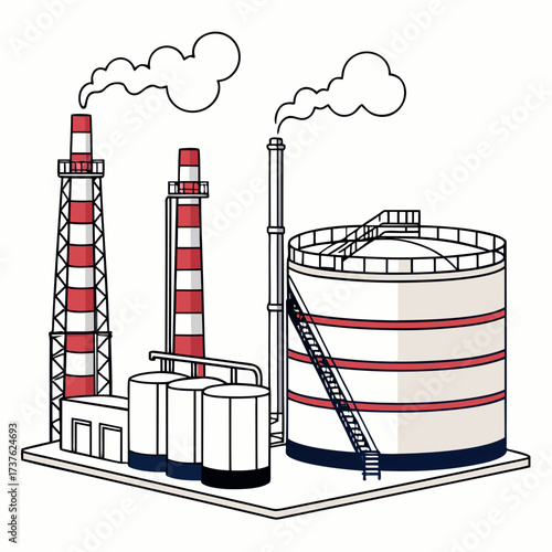 Industrial factory with smokestacks emitting smoke and large storage tanks on a white background