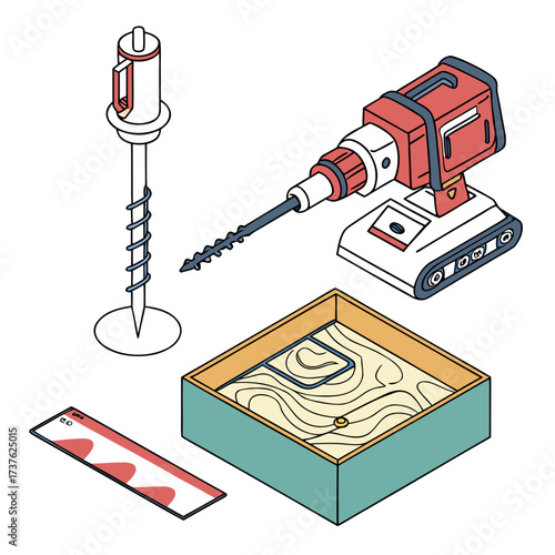 Isometric illustration of tools for drilling and measuring including a cordless drill screw anchor and ruler next to a sandbox