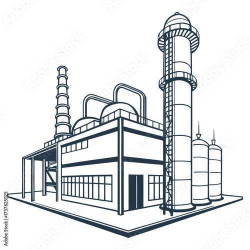 Modern industrial factory complex with tall smokestacks and storage tanks depicted in a clean line art illustration style