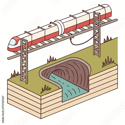Modern elevated monorail train travels over a tunnel with a river flowing through it in an isometric illustration