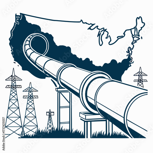 Large industrial pipeline crossing the united states with power lines in the foreground representing energy infrastructure and distribution