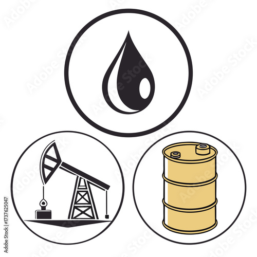 Oil industry icons including a drop of oil pumpjack and a barrel representing exploration production and storage of crude oil
