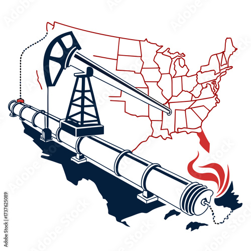 Oil pump jack and pipeline traversing the united states map symbolizing energy extraction and distribution across the nation