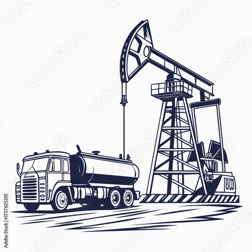 Stylized illustration of an oil pump jack and a tanker truck on a white background representing the oil and gas industry