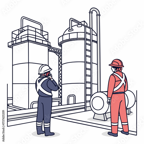 Two industrial workers in hard hats and safety vests stand near large storage tanks and pipelines at a refinery or plant