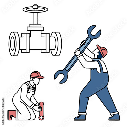 Two construction workers in blue overalls and red caps performing plumbing repairs with large wrenches and a pipe valve