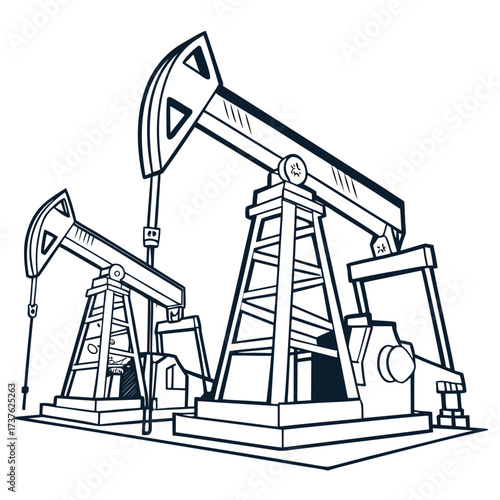 Two stylized oil pump jacks are depicted in a simple black and white line drawing against a white background