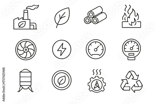 Icon emission turbine gauge biomass storage power icons energy plant fuel vector