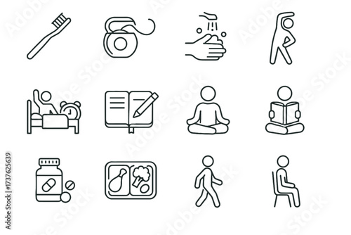 Prep vector tooth meal posture meditation icons healthy washing stretching habits hand