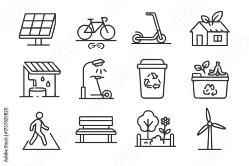 Icons station garden bicycle scooter icon compost solar public panel vector eco