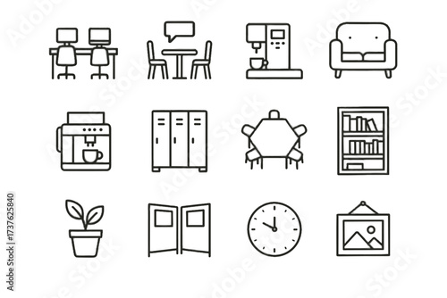 Pot art lounge vector coworking partition coffee printer desk icons space wall