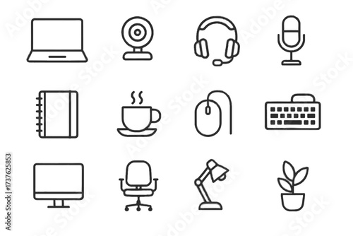 Keyboard icon microphone essentials laptop lamp work desk chair mouse vector remote