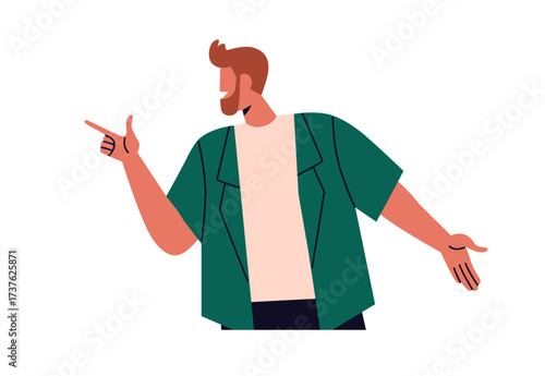 Man pointing aside with index finger. Person looking sideways and gesturing with hand, showing, indicating with happy expression, smiling emotion. Flat vector illustration isolated on white background