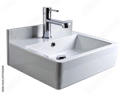 Minimalist Modern Bathroom Sink with Chrome Faucet, Front View, Isolated on Transparent Background