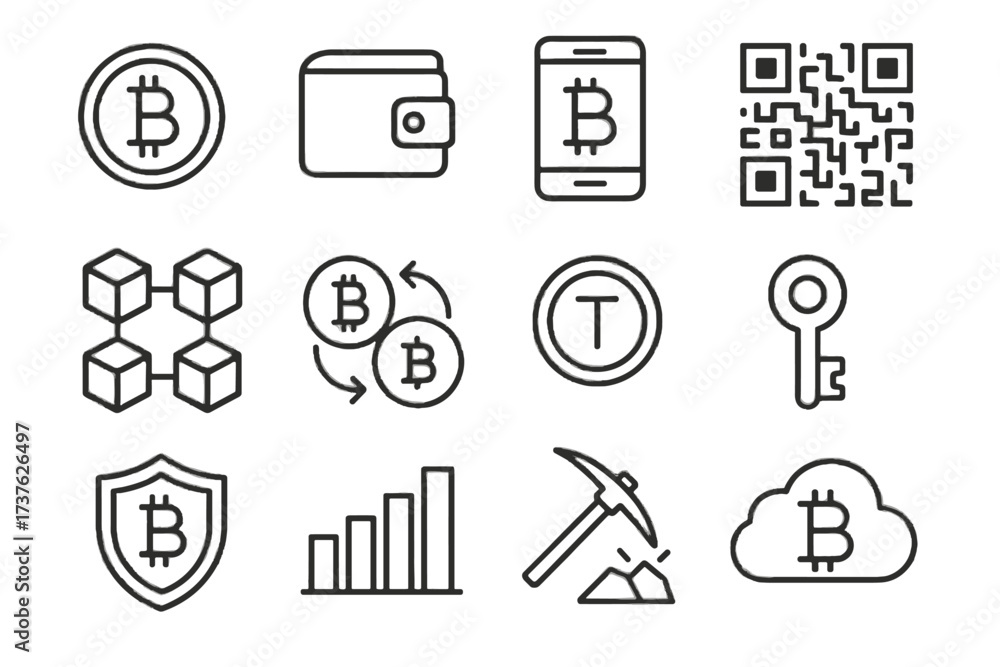 Fototapeta premium Storage key coin blockchain set vector cryptocurrency icon token transaction secure pickaxe