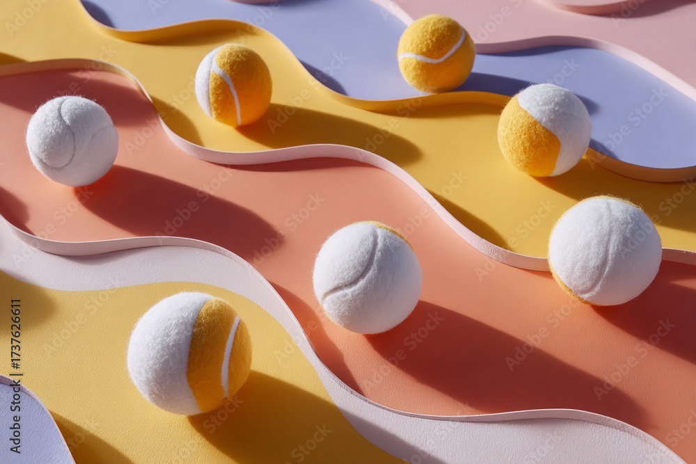 Obraz premium A row of tennis balls with a yellow and white stripe