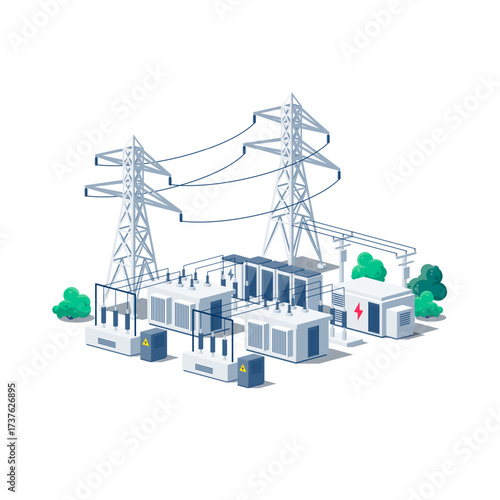Electrical energy substation with transformer grid cables and pillars. High-voltage facility electric station for electricity distribution. Vector illustration isolated on white in isometric style.