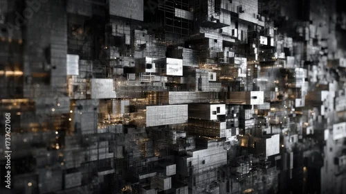 Obraz Abstract Digital Futuristic Grid Cityscape with Glowing Lights