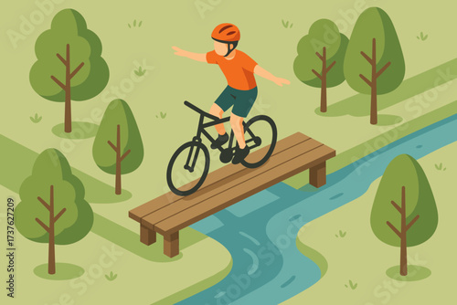 Vector narrow act stream bridge both above balancing trees wooden cyclist illustration