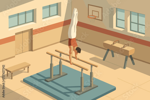 Balance shadows hall soft vector sports parallel bars gymnast handstand illustration holding