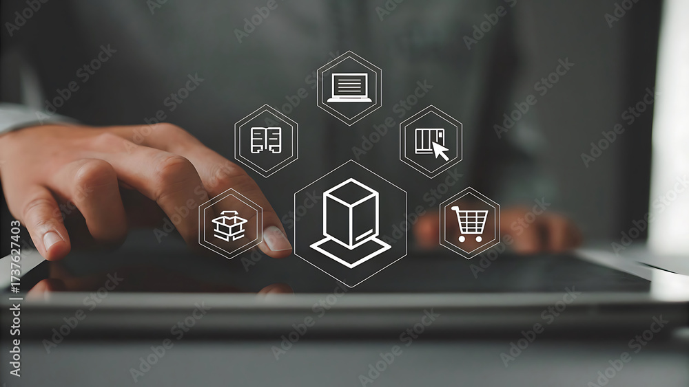 Naklejka premium Tablet screen with holographic logistics and delivery system