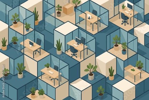 Plants blocks desks walls office modular illustration order glass vector