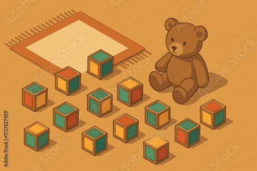 Near teddy play child blocks floor emphasizing scattered bear alphabet s illustration