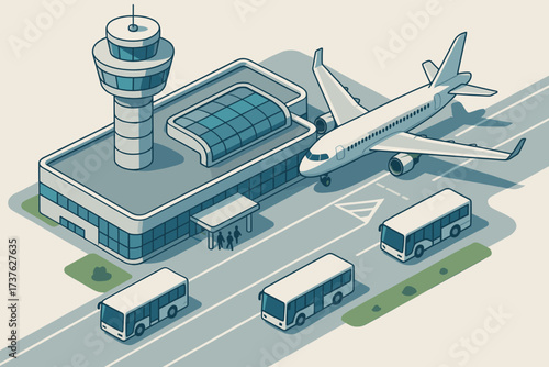 Vector airplane control isometric airport scene terminal passengers buses illustration parked transporting