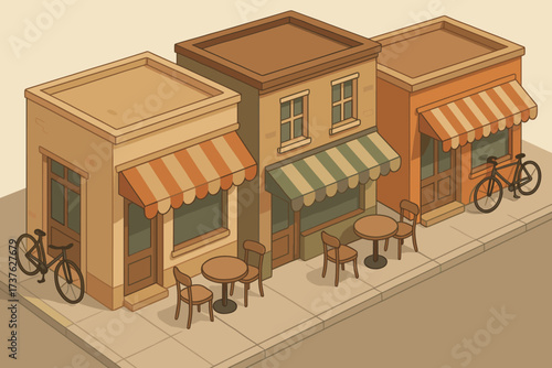 Café leaning tables awnings shops isometric row scene bicycles against illustration vector