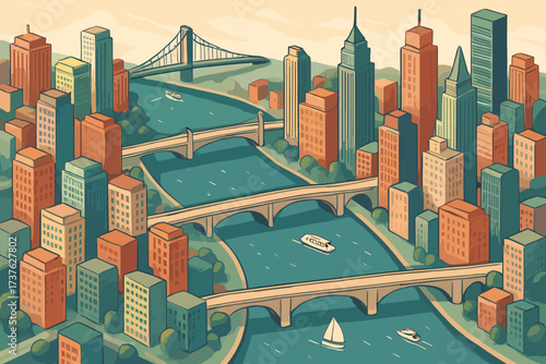 Bridges sailing crossing water vector city illustration riverside both banks buildings isometric