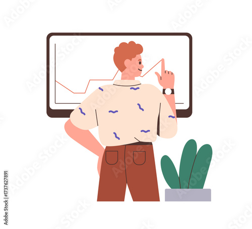 Man presenting graph with positive trend, growth, success in business. Male a...
