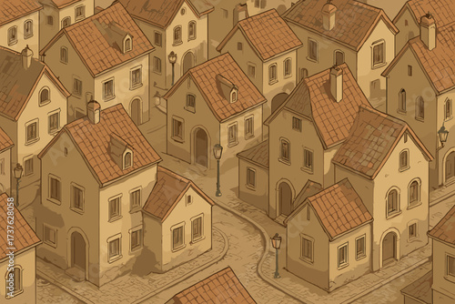 Narrow illustration townscape cobblestone lanterns historic streets old small town quarter charming