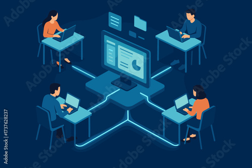 Separate forming workspace lines connections vector shared illustration digital glowing linked