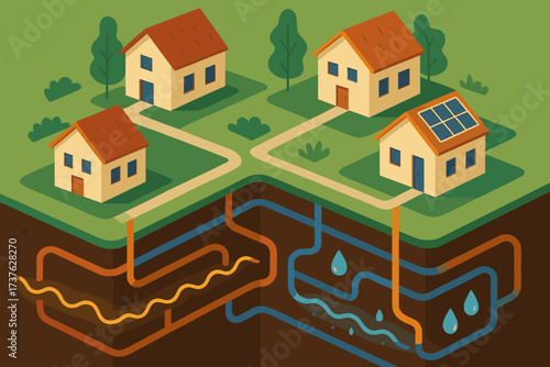 Energy underground network neighborhood vector illustration flow utility water linking houses abstractly