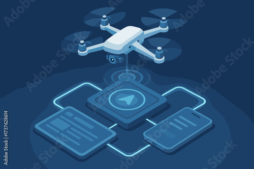 Above landing signals vector abstract illustration hovering drone glowing pad
