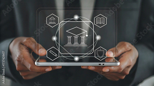 Tablet showing holographic university admissions portal