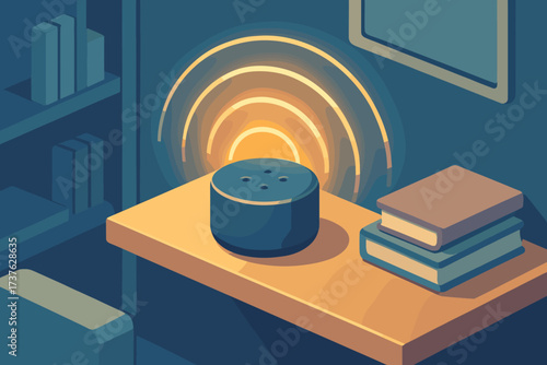 Radiating sound assistant vector shelf glowing speaker illustration waves outward home glow