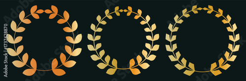 Vector laurel wreath isolated, black silhouette circular laurel foliate, wheat and oak wreaths depicting an award, laurel wreath. Golden leaf silhouette on black background. 