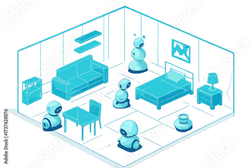 Illustration vector moving design holographic robotic walls home interior assistants furniture futuristic