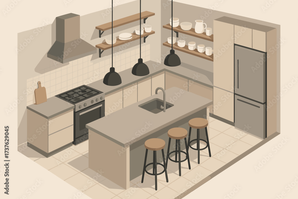 Fototapeta premium Shelves stools modern dishes counter design illustration lamps kitchen hanging vector