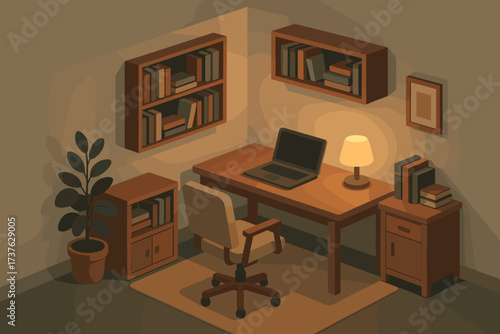 Desk isometric books glowing illustration shelves laptop chair home office vector lamp