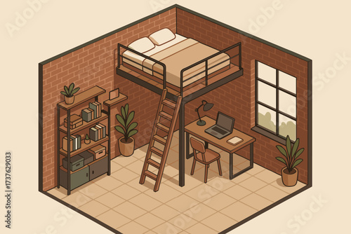 Vector loft style mezzanine shelves ladder desk brick illustration wall exposed space