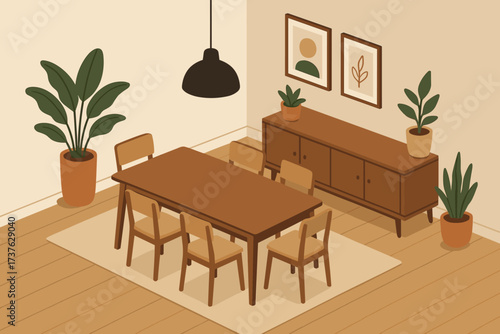 Light sideboard room illustration hanging dining table vector isometric plants rectangular