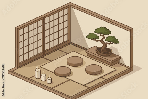 Minimalist cushions meditation tatami illustration tree room vector mat candles bonsai