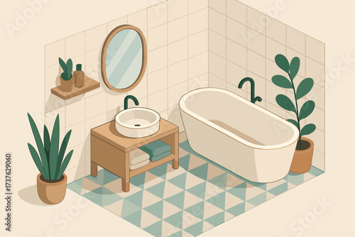 Vector plants bathroom bathtub isometric design mirror tiles sink minimal geometric illustration