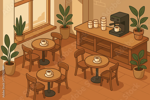 Small corner vector illustration round caf cozy café plants window chairs