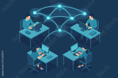 Heads desks illustration simple vector people threads working connected glowing workspaces separate