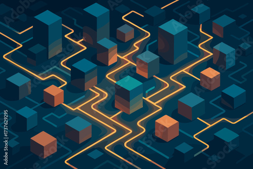 Abstract resembling vector isometric networks boards circuit illustration city blocks interconnected pathways