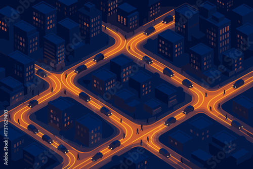 Illustration vector pedestrians glow network flowing along streams districts data city between